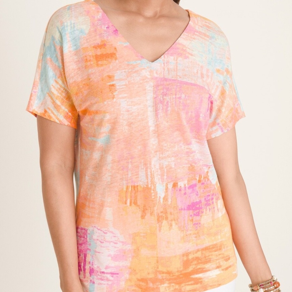 NWT Multi-Colored Brushed V-Neck Linen Tee, Size 0 (Small)